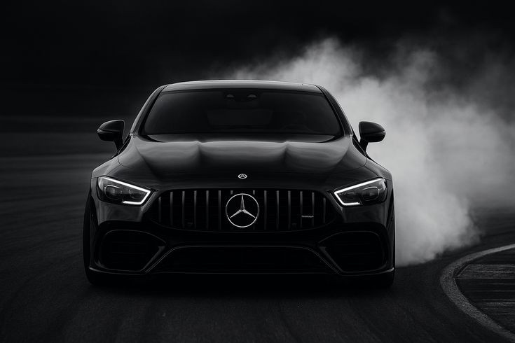 Чёрный Mercedes-AMG на трассе, вокруг клубы дыма